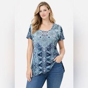 Style‎ & Co. Women's XL Boho T Shirt Short Sleeve Pullover Scoop Neck Paisley